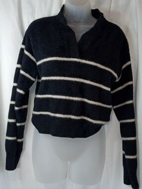 Z Supply Black & White Striped Collared Sweater Medium Soft Thick Office Casual
